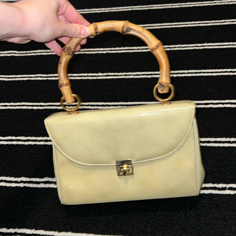 Vintage 1970s Robert BESTIEN Bamboo Top Handle Butter Yellow Patent Leather Bag